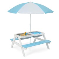 Dortala Kids Picnic Table, 3-In-1 Water & Sand Activity Table With Height Adjustable Umbrella & Removable Tabletop, Outdoor Wooden Bench & Table Set For Toddler, For Garden, Yard & Patio, Blue