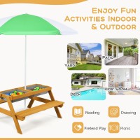 Dortala Kids Picnic Table, 3-In-1 Water & Sand Activity Table With Height Adjustable Umbrella & Removable Tabletop, Outdoor Wooden Bench & Table Set For Toddler, For Garden, Yard & Patio, Colorful