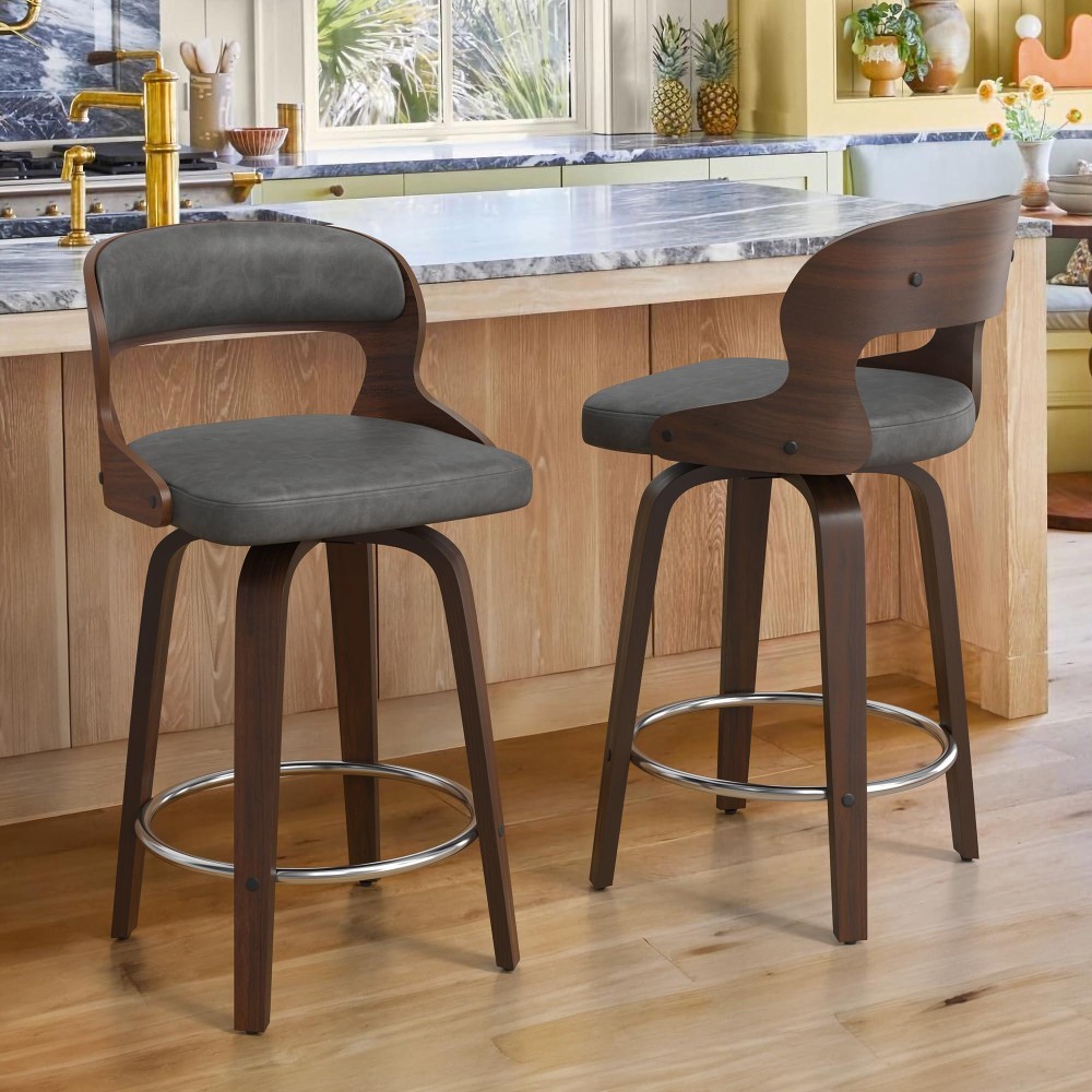 Cozyman 26 Counter Height Bar Stools Mid Century Bar Stools With Solid Back Barstools With Walnut Finish And Faux Leather Se