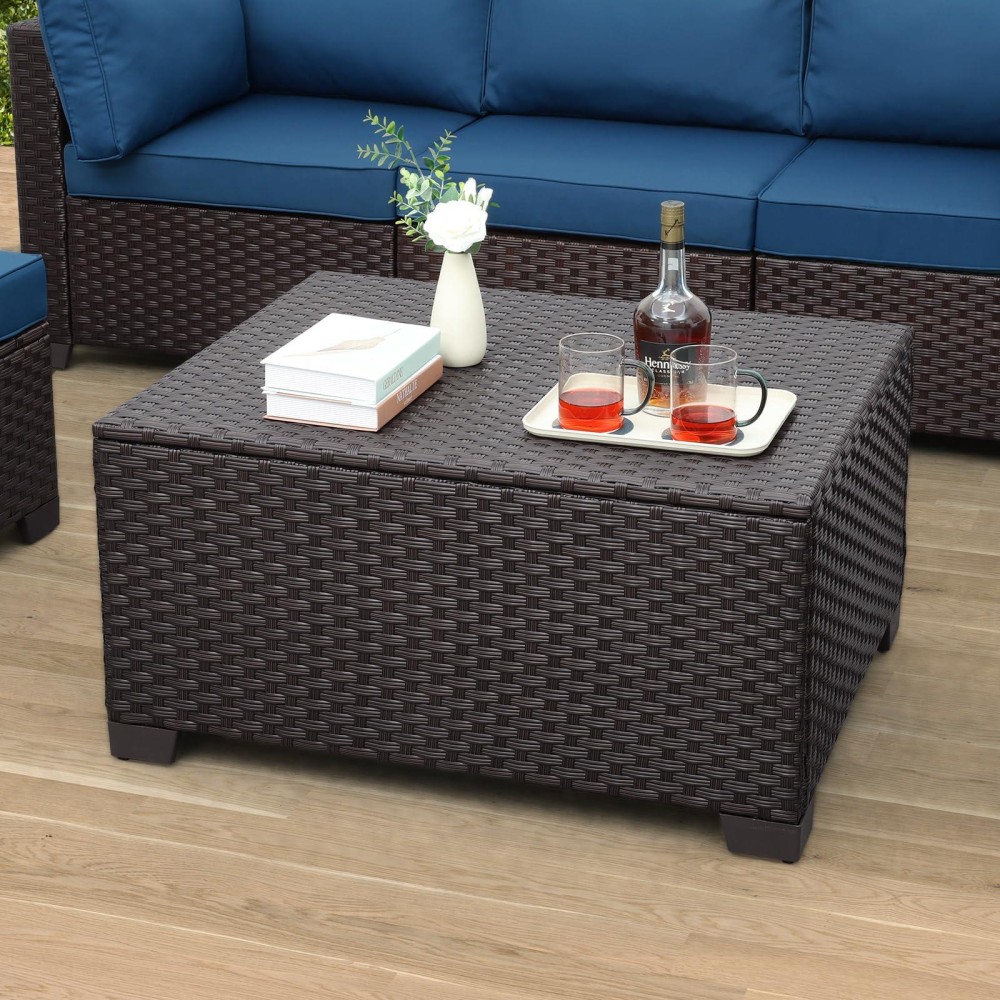 Waroom Outdoor Pe Wicker Coffee Table Resin Rattan Patio Table Garden Furniture Backyard Storage Table With Waterproof Lining