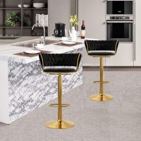 Lsoiup Swivel Counter Height Barstools with Woven Back and Gold Footrest, Modern Adjustable Velvet Bar Chairs for Kitchen Island Home Bar, Adjustable Height 65-80cm, Black