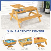 Dortala Kids Picnic Table, 3-In-1 Water & Sand Activity Table With Height Adjustable Umbrella & Removable Tabletop, Outdoor Wooden Bench & Table Set For Toddler, For Garden, Yard & Patio, Natural