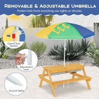 Dortala Kids Picnic Table, 3-In-1 Water & Sand Activity Table With Height Adjustable Umbrella & Removable Tabletop, Outdoor Wooden Bench & Table Set For Toddler, For Garden, Yard & Patio, Natural