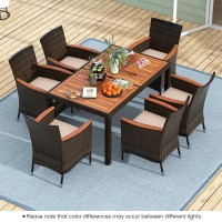 Tangkula 7 Pieces Outdoor Wicker Dining Set, Patio Dining Furniture Set With Acacia Wood Table And 6 Stackable Chairs, Outdoor Table And Chairs Set With 1.96??Umbrella Hole And Cushions