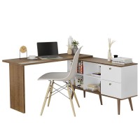 Madesa L Shaped Desk With 2 Drawers And 4 Storage Shelves, 59 In L - White/Brown