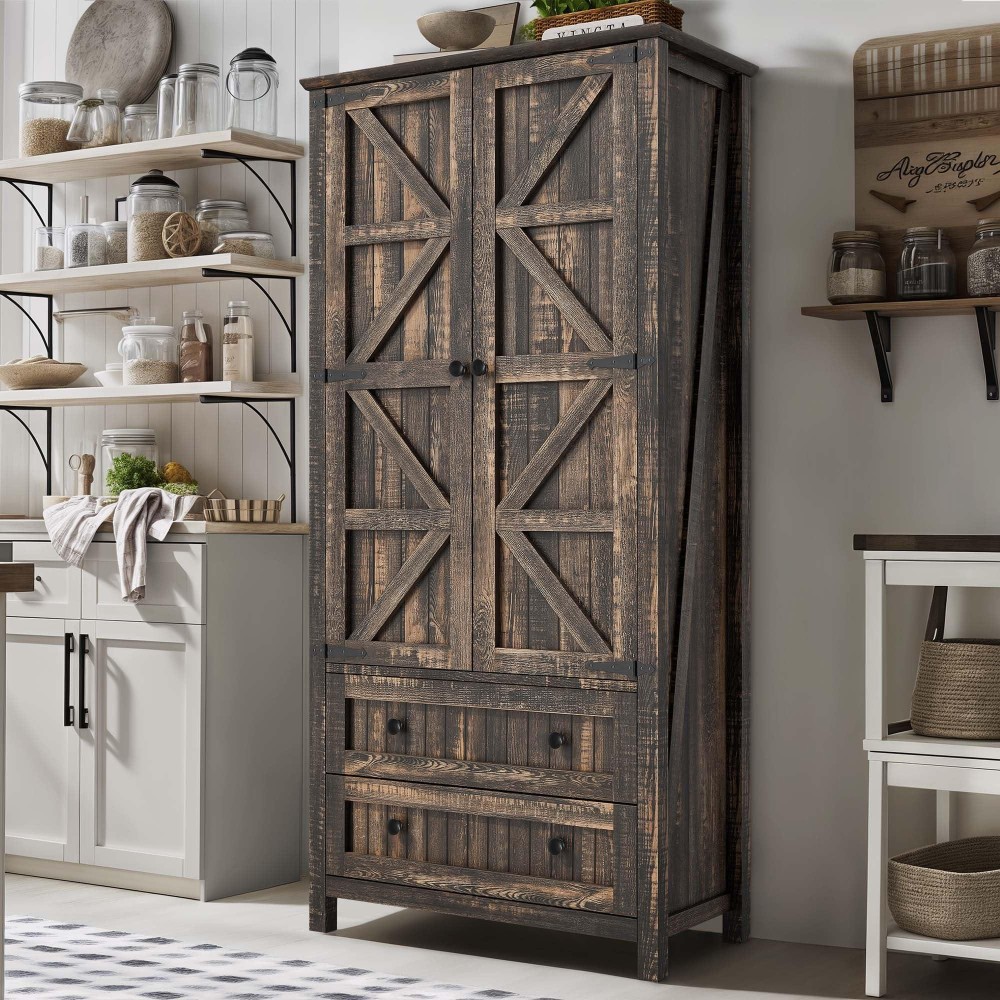 Dwvo Farmhouse Kitchen Pantry Cabinet 645 Tall Storage Cabinet With 2 Drawers And Adjustable Shelves Versatile Storage For