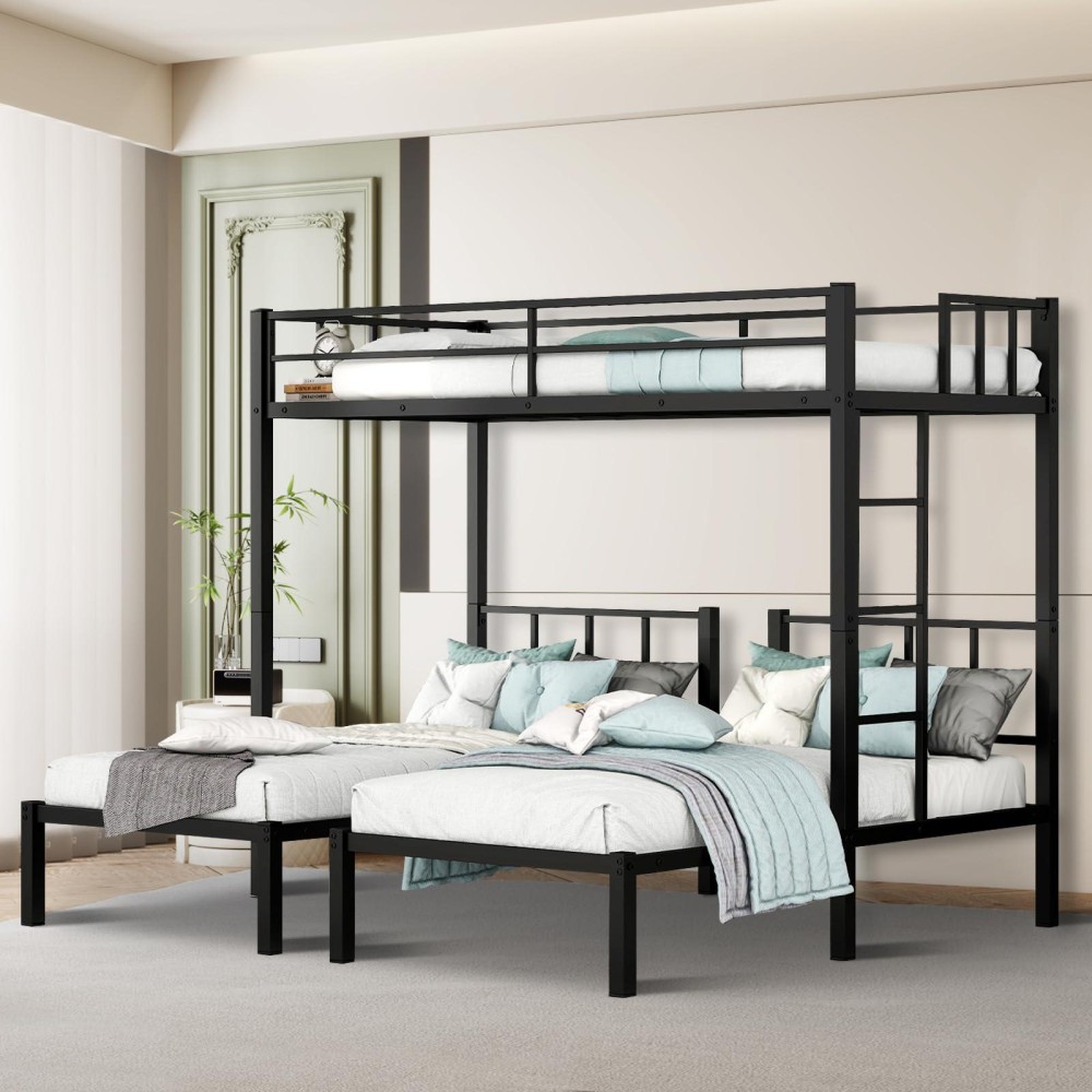 Morhome Triple Bunk Bed Twin Over Twin, Metal Triple Twin Bedframe With Guardrail & Ladder, Can Be Separated Into 3 Twin Beds/No Box Spring Needed/Easy Assemble