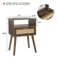 Maxsmeo Mid Century Nightstand Rattan Side Table With Drawer Wood Modern Bedside Table For Bedroom Living Room And Small Spac