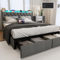 Full Size Bed Frame With Charging Station And Led Lights Headboard Upholstered Full Bed Frame With 2 Storage Drawers No Box Sp