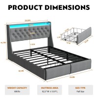 Full Size Bed Frame With Charging Station And Led Lights Headboard Upholstered Full Bed Frame With 2 Storage Drawers No Box Sp