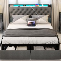 Full Size Bed Frame With Charging Station And Led Lights Headboard Upholstered Full Bed Frame With 2 Storage Drawers No Box Sp