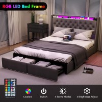 Full Size Bed Frame With Charging Station And Led Lights Headboard Upholstered Full Bed Frame With 2 Storage Drawers No Box Sp