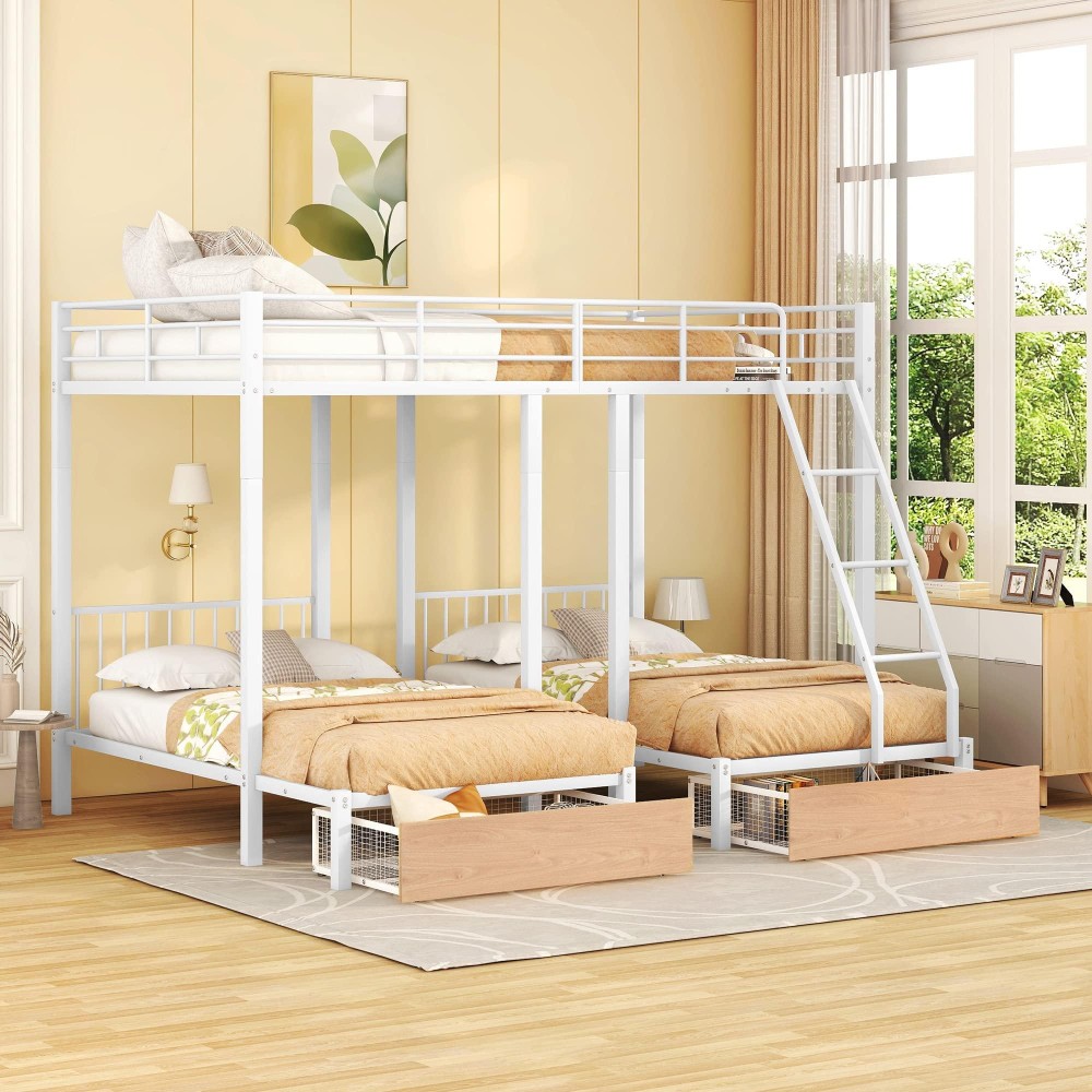 Goohome Full Over Twin & Twin Triple Bunk-Bed W/Storage Drawers, Full-Length Guardrails, Multi-Functional Metal Frame Bed, Can Be Divided Into 3 Separate Beds, Maximized Space