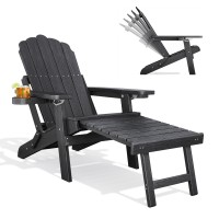 Qsun Folding Adirondack Chair with Ottoman, Adjustable Backrest Adirondack Chair with 2 Cup Holders, HIPS All-Weather Adirondack Chair for Pool, Outdoor, Garden, Porch, Lawn, Black