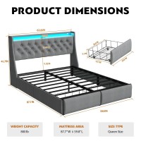 Queen Size Bed Frame With 2 Storage Drawers Upholstered Headboard With Charging Station Metal Platform Bed With Led Lights St