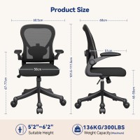 Dripex Ergonomic Office Chair, Mid Back Computer Desk Chair With Flip-Up Arms, Mesh Chair With Adjustable Lumbar Support & Height, Swivel Chair For Home/Bedroom/Study/Working,Black