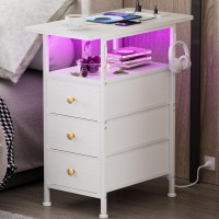 Gipgiper End Table With Charging Station Narrow Side Table With 3 Fabric Drawers And Shelf Skinny Nightstand With Led Light S