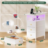 Gipgiper End Table With Charging Station Narrow Side Table With 3 Fabric Drawers And Shelf Skinny Nightstand With Led Light S