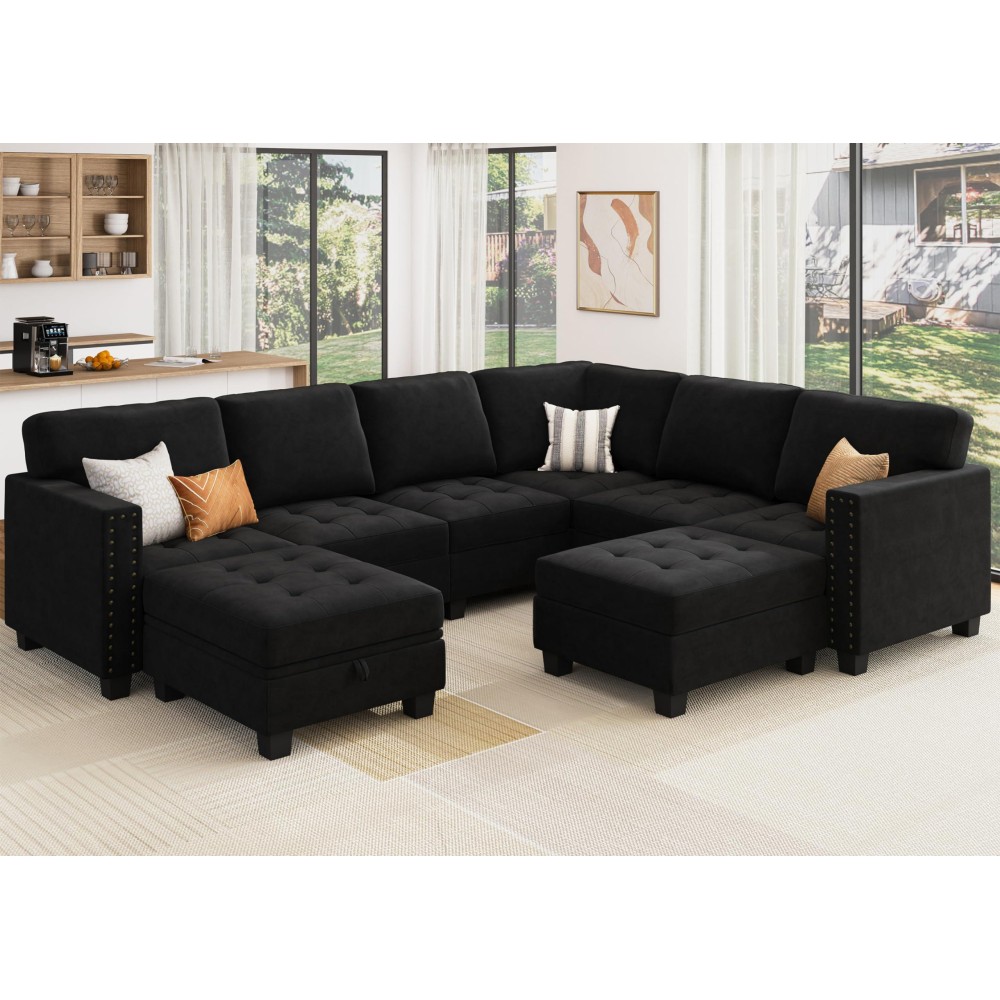 Honbay Velvet Modular Sectional Sofa L Shaped Sofa Couch With Storage Top Tray Ottoman U Shape Sectional Couch For Living Room