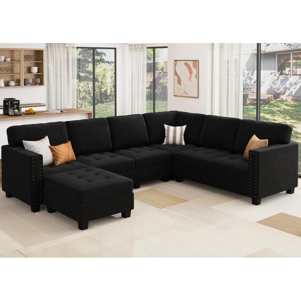 Honbay Velvet Convertible Sectional Sofa L Shaped Couch With Storage Ottoman Corner Sectional Couch With Reversible Chaise Blac