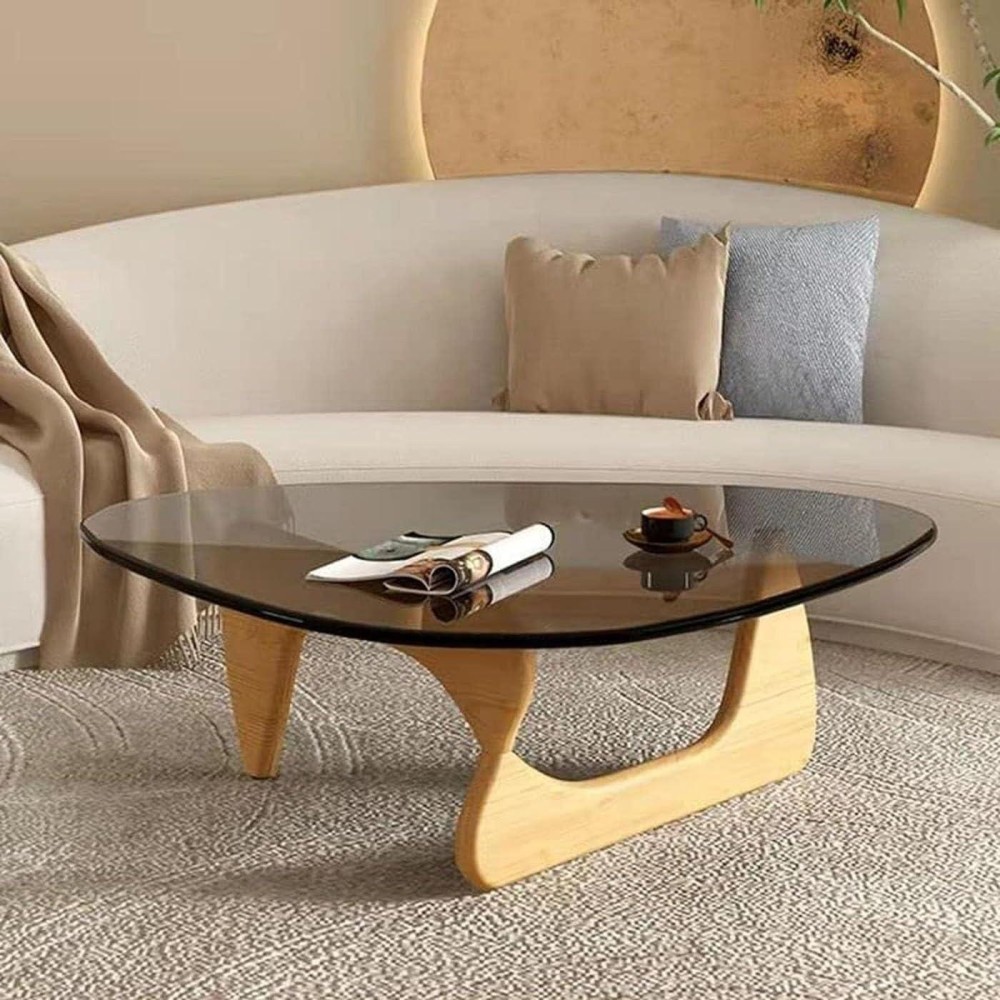 Short Table Coffee Tables ,Triangle Glass Coffee Table With Irregular Oak Base, Mid-Century Modern End Table,Small Coffee Tables,For Livingroom Study Room Office Hotel Balcony (Color : Gray Glass, S