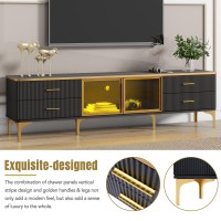 Merax Stylish Led Tv Stand For Televisions Up To 78 Entertainment Center With Brown Glass Storage Cabinet Marbleveined Tabl