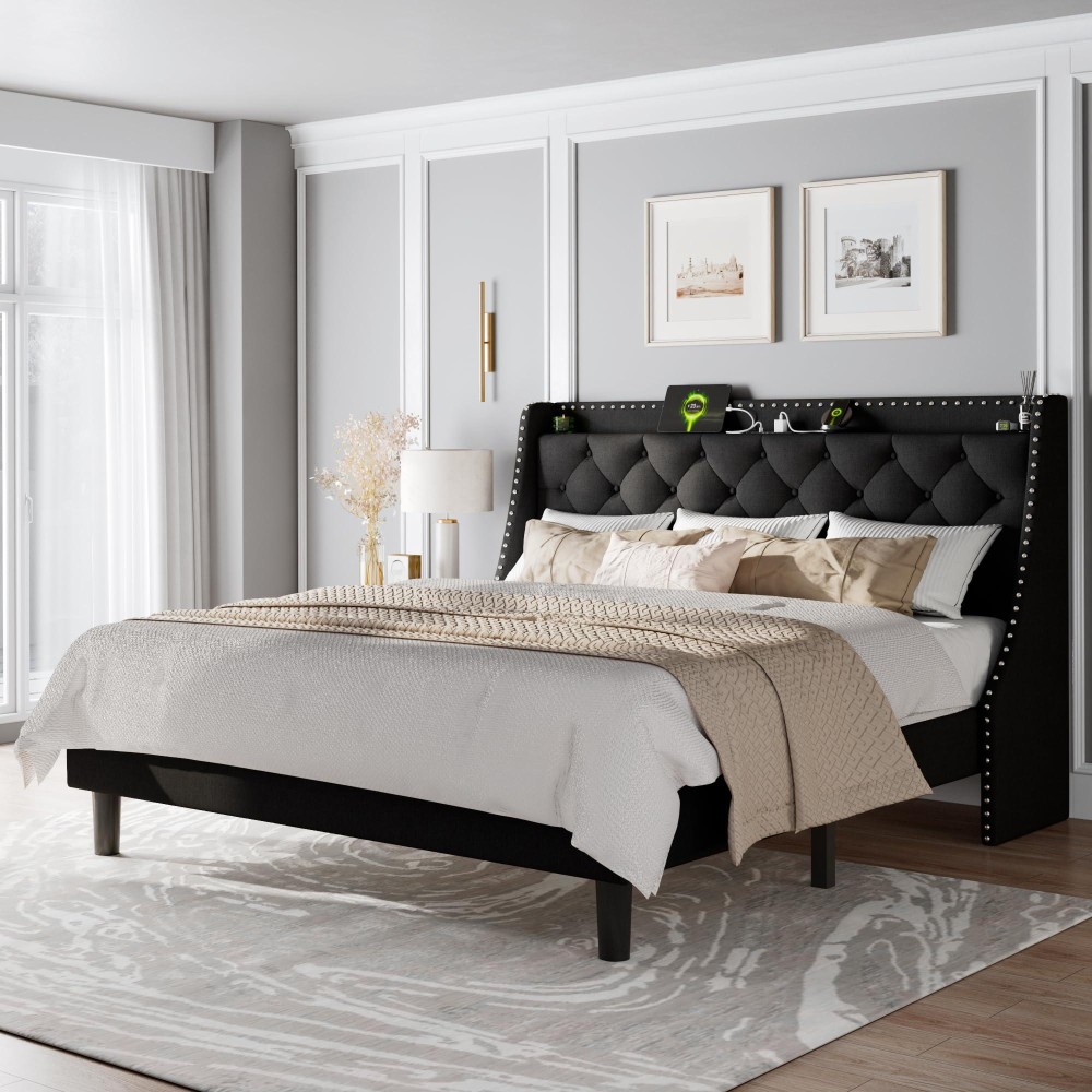 Feonase King Size Bed Frame With Luxury Wingback And Fast Charging Station King Upholstered Button Tufted Storage Headboard Plat