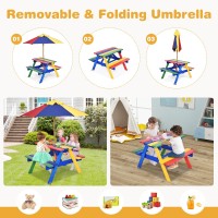 Dortala Kids Picnic Table, Wooden Outdoor Toddler Table And Bench Set With Removable Umbrella, Children Activity Table Set For Patio, Garden, Backyard, Girls & Boys Gift, Colorful