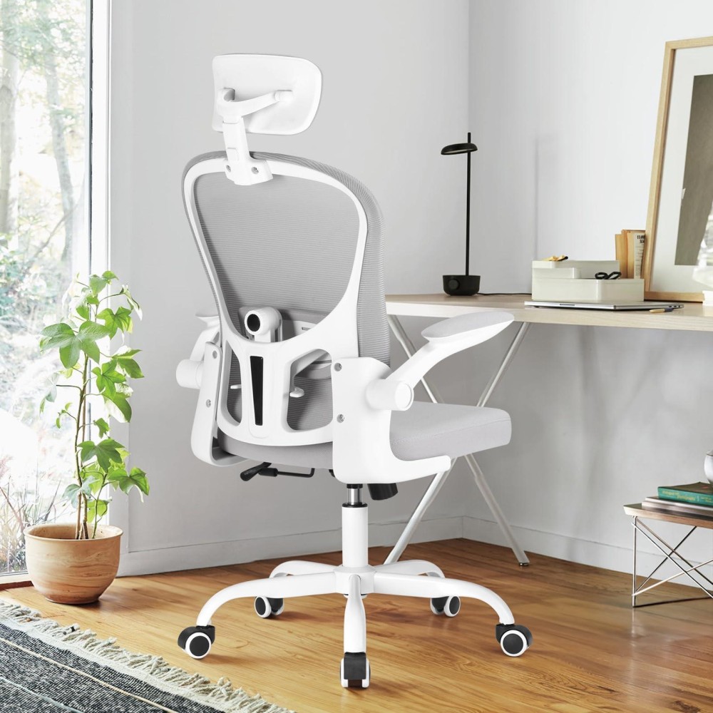 Farini Ergonomic Computer Flip-Up Armrests, Adjustable Headrest & Lumbar Support,White, Home Office Chair