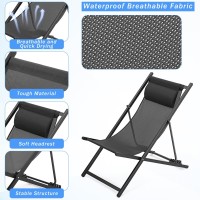 Menkxi 2 Pcs Patio Sling Chair Foldable Outdoor Lounge Chair With Headrest Portable Sling Chair Adjustable 5 Levels Height Alum