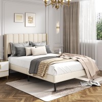 Haoara Full Size Velvet Bed Frame With Vertical Chanel Tufted Headboard And Wingback, Upholstered Platform Bed, Strong Wooden Slats, No Box Spring Needed, Beige