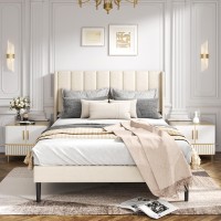 Haoara Full Size Velvet Bed Frame With Vertical Chanel Tufted Headboard And Wingback, Upholstered Platform Bed, Strong Wooden Slats, No Box Spring Needed, Beige