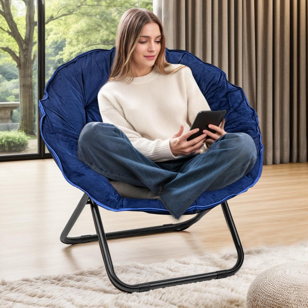 Folding Faux Fur Saucer Chair Portable Folding Soft Moon Chair For Bedroom Dorm Rooms Apartments Lounging Garden Blue