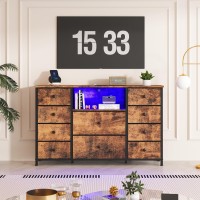 Ldttcuk Dresser With Charging Station And Led Lights Long Dresser For Bedroom Dresser Tv Stand With 10 Drawers Fabric Chest Of