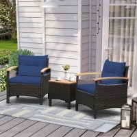 Kotek 3 Piece Patio Furniture Set, Outdoor Conversation Set With Removable Cushions, Acacia Wood Tabletop And Armrests, Pe Rattan Wicker Bistro Set For Porch, Balcony, Backyard (Navy Blue)