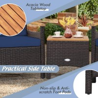 Kotek 3 Piece Patio Furniture Set, Outdoor Conversation Set With Removable Cushions, Acacia Wood Tabletop And Armrests, Pe Rattan Wicker Bistro Set For Porch, Balcony, Backyard (Navy Blue)