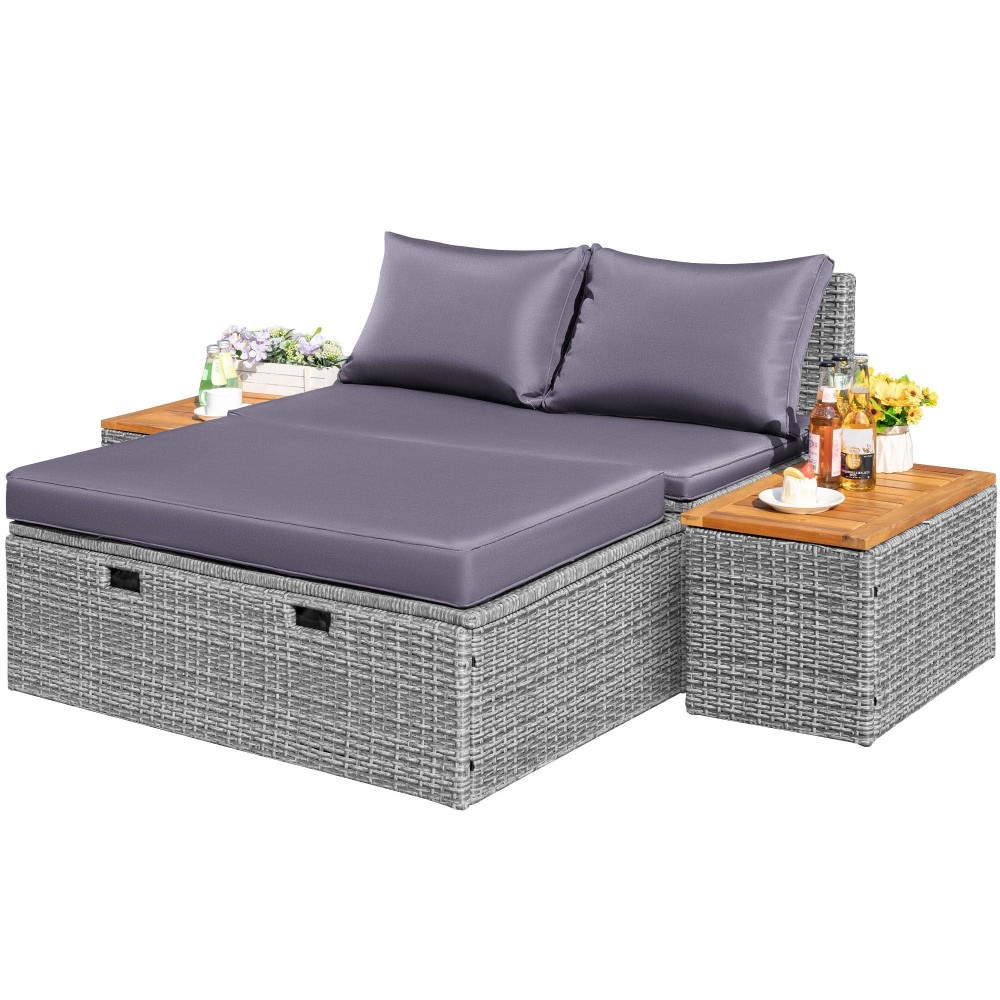 Flamaker Outdoor Rattan Lounge Chair With 2 Side Tables Multifunctional Outdoor Patio Daybed With Footrest Cushions Storage O