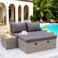 Flamaker Outdoor Rattan Lounge Chair With 2 Side Tables Multifunctional Outdoor Patio Daybed With Footrest Cushions Storage O