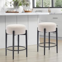 Colamy Modern Bar Stools Set Of 4 24 Sherpa Counter Height Stools With Round Soft Padded Boucle Backless Seat And Metal Midc