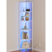 Furnulem 6 Tier Corner Shelf With Led Light 675 Tall Standing Shelf Organizer White Narrow Bookshelf With Storage Rack For