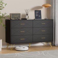 Bvfuka Black Dresser For Bedroom Wood 6 Drawer Double Dresser With Wide Drawers And Gold Handles Modern Dressers Chest Of Dr