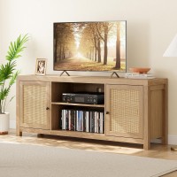 Idealhouse Rattan Tv Stand For 75 Inch, Boho Entertainment Center With Storage And Doors, Wood Tv & Media Console Under Tv Cabinet Furniture For Living Room, Natural Oak (66 Inch)