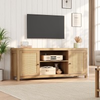 Idealhouse Rattan Tv Stand For 75 Inch, Boho Entertainment Center With Storage And Doors, Wood Tv & Media Console Under Tv Cabinet Furniture For Living Room, Natural Oak (66 Inch)