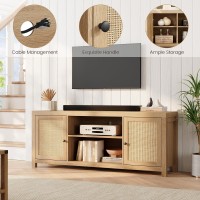 Idealhouse Rattan Tv Stand For 75 Inch, Boho Entertainment Center With Storage And Doors, Wood Tv & Media Console Under Tv Cabinet Furniture For Living Room, Natural Oak (66 Inch)