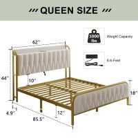 Feonase Velvet Queen Bed Frame With Fast Charging Station Metal Platform Queen Size Beds With Upholstered Headboard & Footboard 12