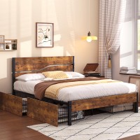 Vecelo Queen Platform Bed Frame With 4 Drawers And Vintage Wood Headboard Large Storage Strong Metal Slats Support No Box Spr