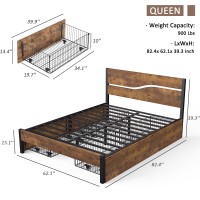 Vecelo Queen Platform Bed Frame With 4 Drawers And Vintage Wood Headboard Large Storage Strong Metal Slats Support No Box Spr