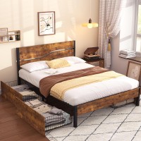 Vecelo Queen Platform Bed Frame With 4 Drawers And Vintage Wood Headboard Large Storage Strong Metal Slats Support No Box Spr