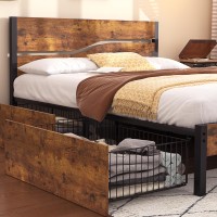 Vecelo Queen Platform Bed Frame With 4 Drawers And Vintage Wood Headboard Large Storage Strong Metal Slats Support No Box Spr