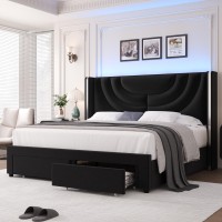 Hithos King Upholstered Led Bed Frame With 2 Storage Drawers Velvet Platform Bed With Wingback Headboard Solid Wooden Slats Su